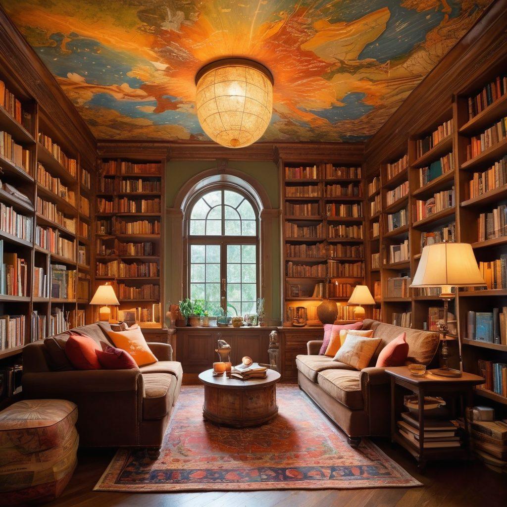 A whimsical library filled with towering bookshelves, featuring diverse bookworms of different ages and backgrounds sharing their favorite books under warm, soft lighting. Vintage world maps and globes are scattered throughout, symbolizing literary adventures. An inviting reading nook with comfy cushions and steaming cups of tea in the foreground. Magical sparks and glowing pages surround them, illustrating the joy of discovery. vibrant colors. cozy atmosphere. illustration.