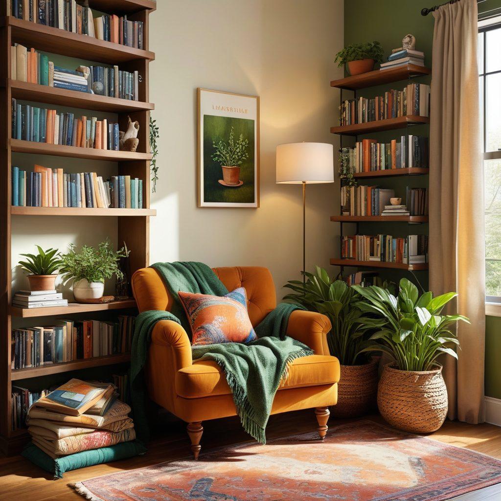 A cozy reading nook featuring a plush armchair with colorful throw pillows, surrounded by tall bookshelves brimming with books. Sunlight streams through a nearby window illuminating a small side table with a steaming cup of tea, a warm blanket draped over the chair, and framed literary quotes on the wall. Add plants for a touch of nature. super-realistic. warm colors. inviting atmosphere.