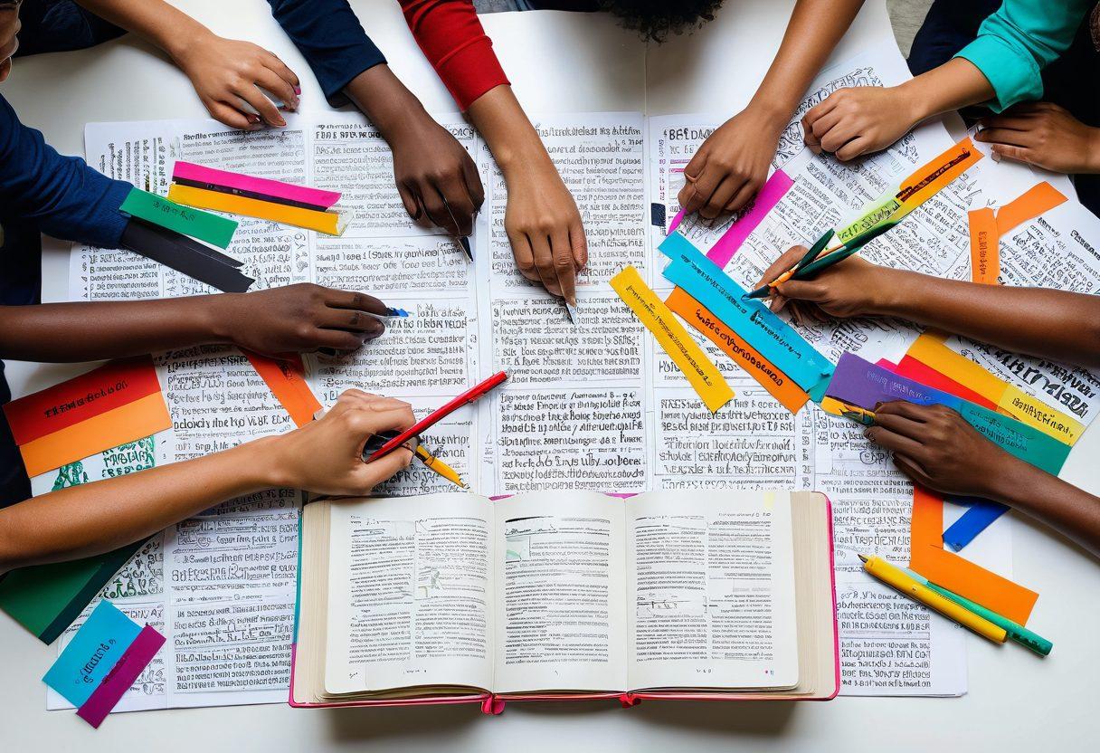 A vibrant collage of diverse readers engaged in passionate discussions, surrounded by stacks of colorful books and pens. Include elements representing teamwork, like hands coming together over a book, and a calendar showcasing upcoming reading challenges. The backdrop features a cozy reading nook with warm lighting. super-realistic. vibrant colors. white background.